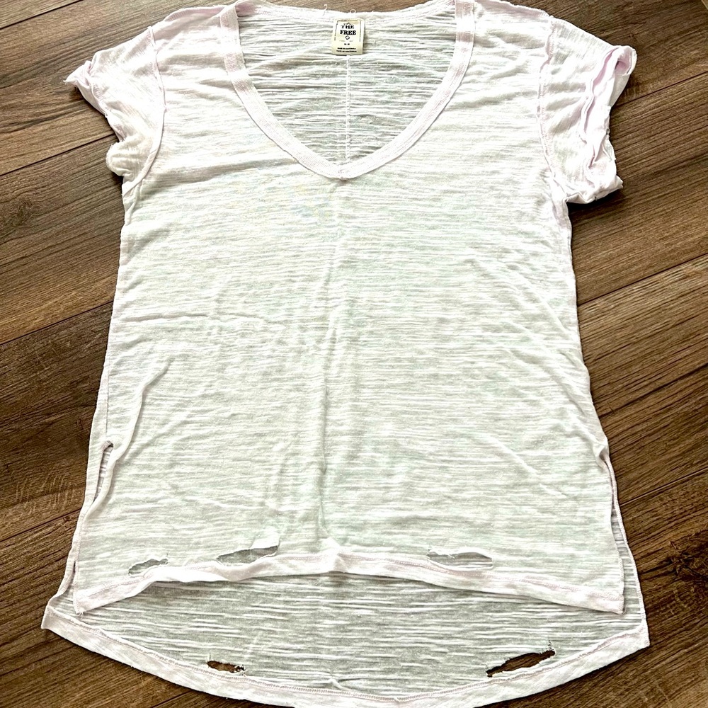 Distressed burnout tshirt by Free People. Pale lilac/pink. Very sheer/Super soft